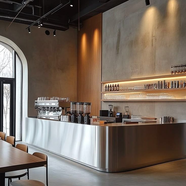 Our espresso bar with backlit shelves and an arched window